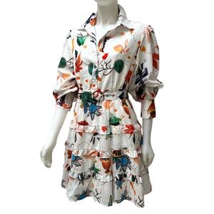 BEULAH Tiered Mini‎ Dress Bishop Sleeves Novelty Print Boho Maximalist Sz L NWOT